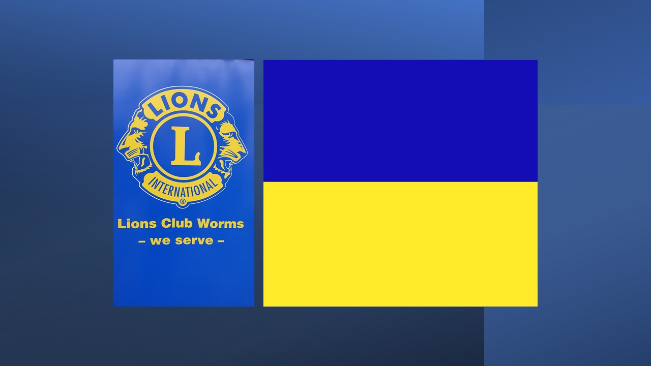 Ukrainische Flagge und Emblem Lions Club Worms
